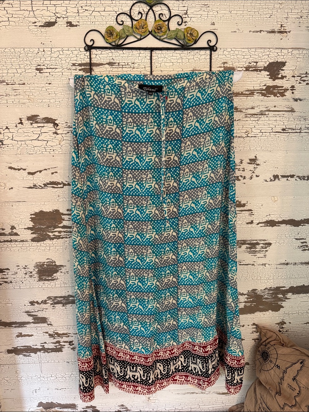 Tolani Teal, Cream, Black and Red Patterned Maxi Skirt